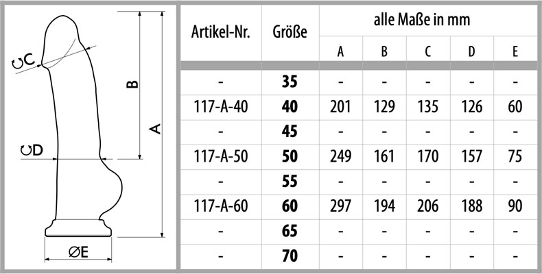 Maßtabelle für Dildo Kama